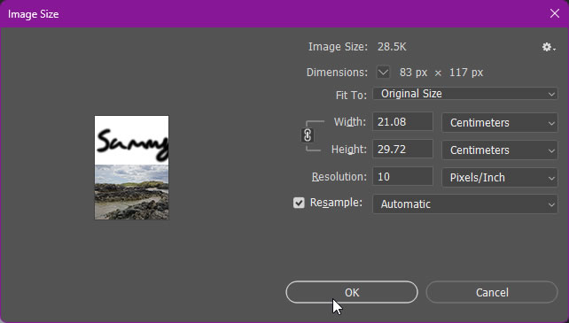 A screenshot of the 'Image Size' window in Photoshop showing the file size and resolution of the low resolution test image. 83x117px, 28.5K.